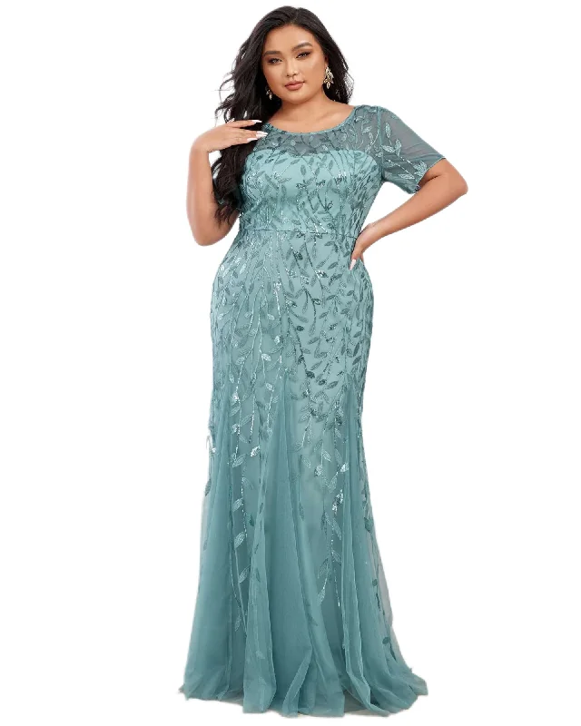 Floral Sequin Mermaid Tulle Evening Dress | Dusty Blue