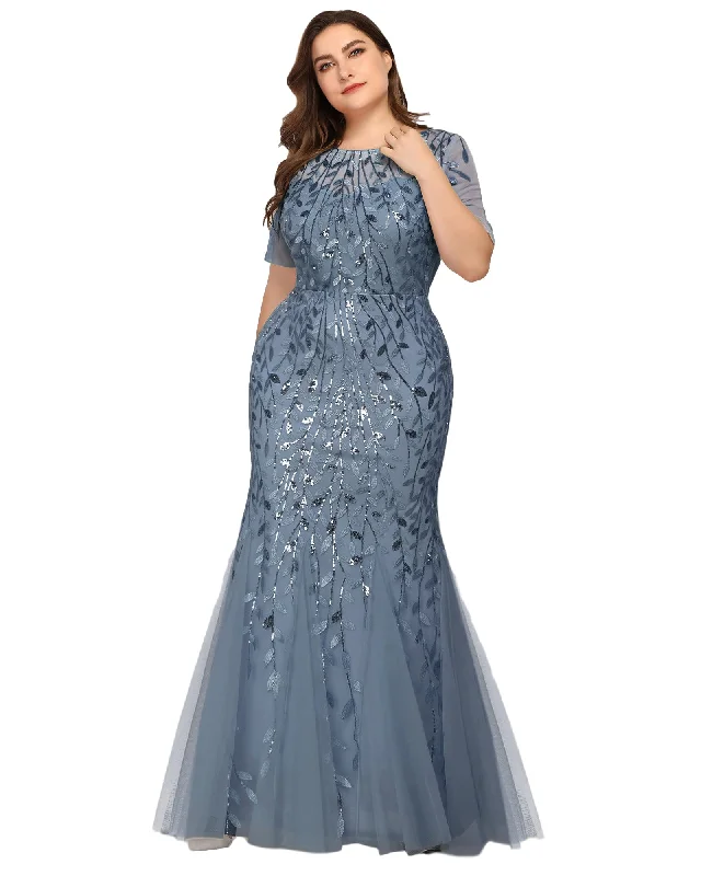 Floral Sequin Mermaid Tulle Evening Dress | Dusty Navy