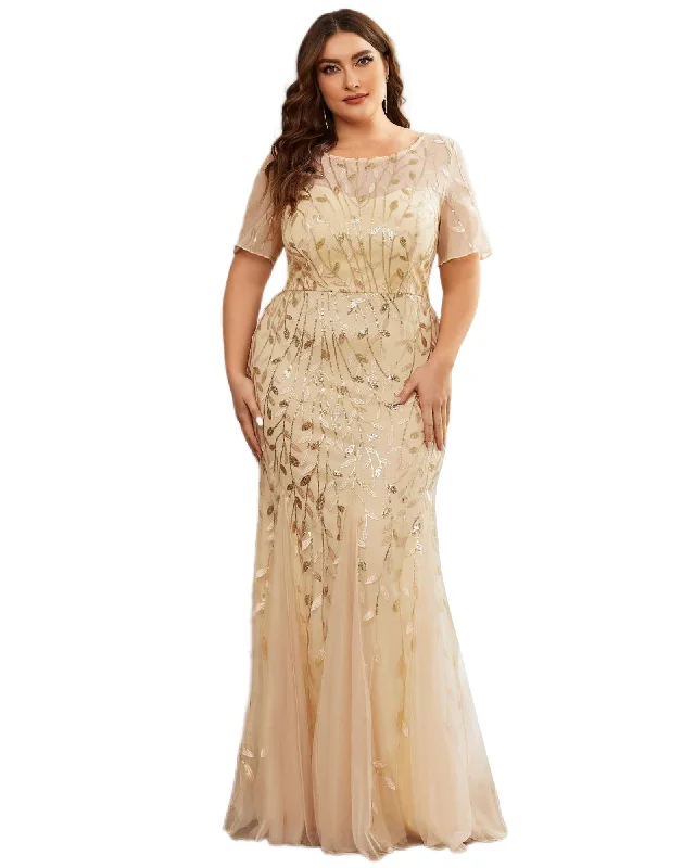 Floral Sequin Mermaid Tulle Evening Dress | Gold