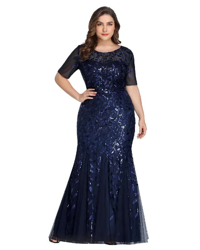 Floral Sequin Mermaid Tulle Evening Dress | Navy Blue