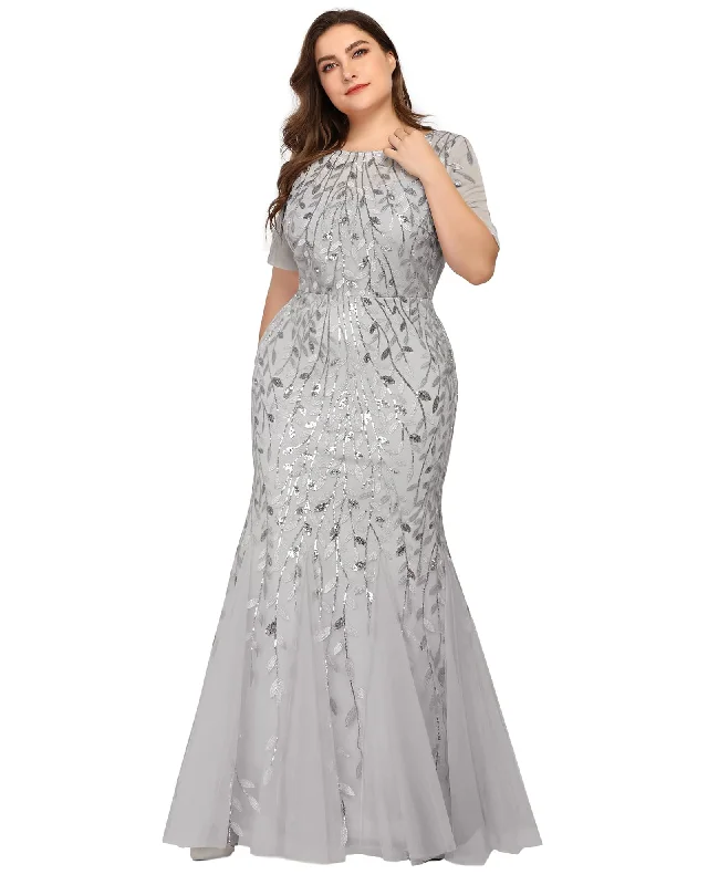 Floral Sequin Mermaid Tulle Evening Dress | Silver