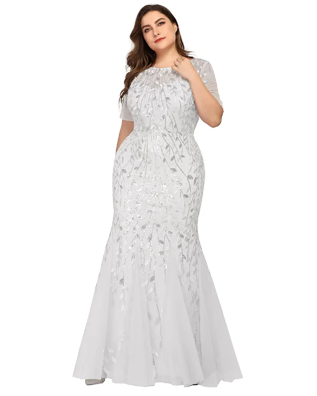 Floral Sequin Mermaid Tulle Evening Dress | White