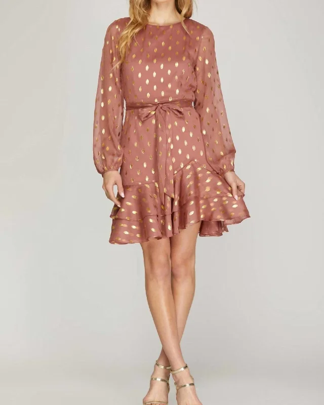 Gold-Dot Chiffon Dress With Ruffled Hem In Dusty Rose | Dusty Rose