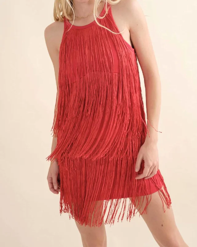 Halter Fringe Dress In Red | Red