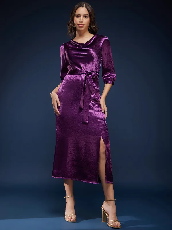 High Gloss Cowl Neck Dress - Purple