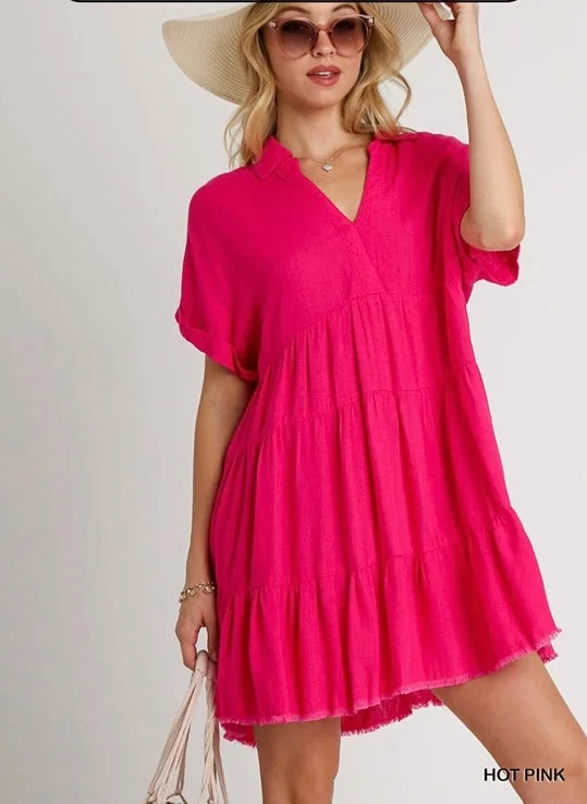 Hot Pink Linen Blend Tiered Dress w/ Frayed Hem