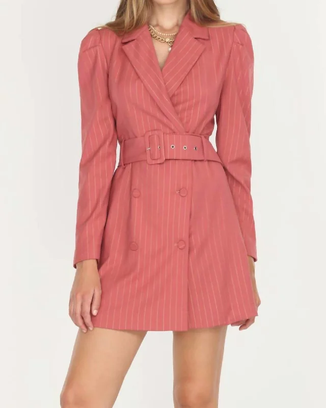 Kayla Pinstripe Belted Blazer Dress in Desert Rose | Desert Rose