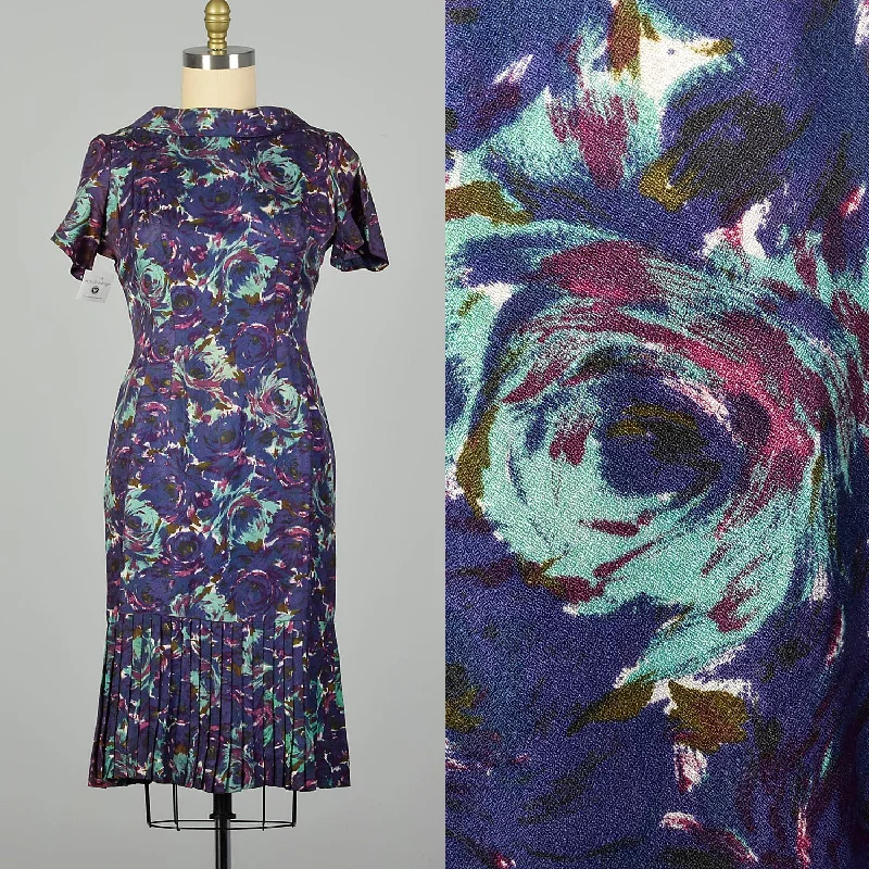 Large 1950s Blue and Purple Swirl Patterned Acetate Dress