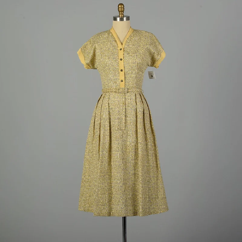 Large 1950s Yellow and Gray Geometric Print Day Dress with Belt