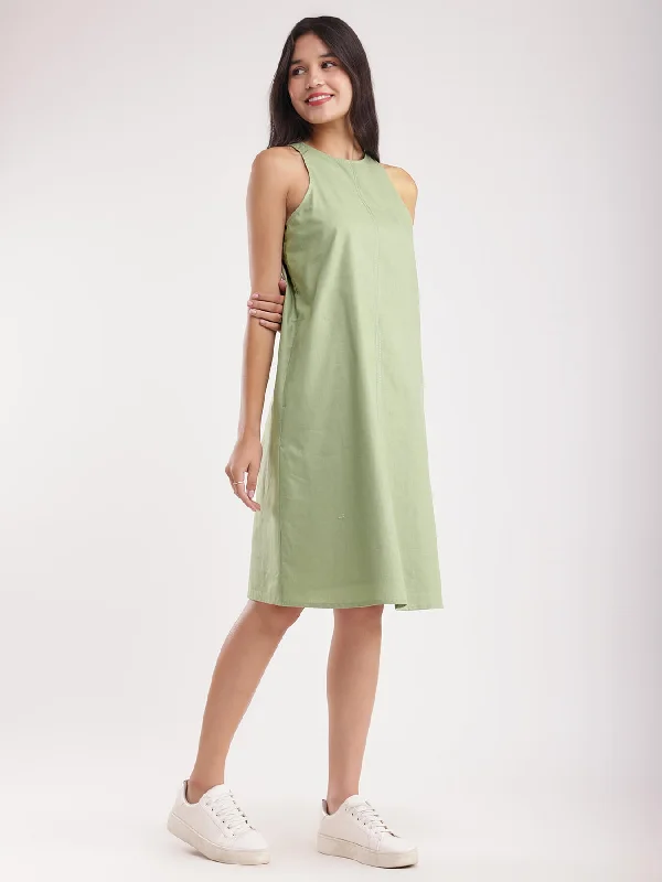 Linen A-line Dress - Sap Green