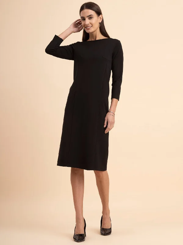 LivIn A-Line Boat Neck Dress - Black