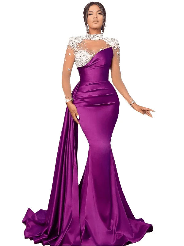 Luxury Evening Dress - Draped Crystal Satin Dress For Women