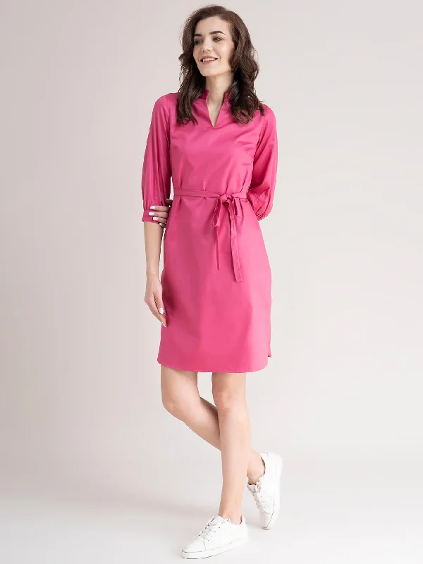 Cotton V Neck Dress- Pink