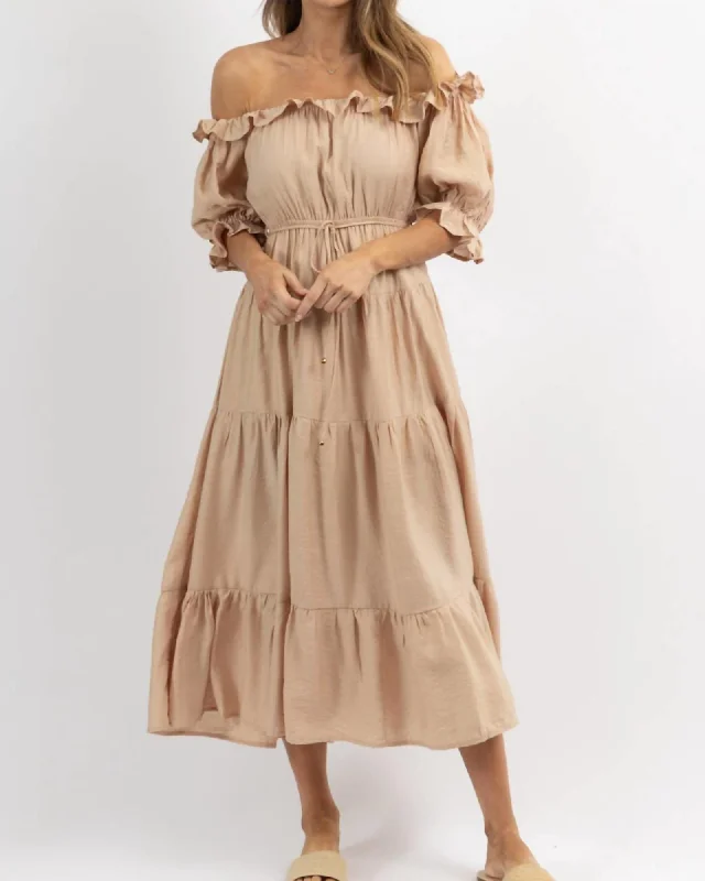 Off Shoulder Ruffle And Tie Waist Dress In Nude | Nude