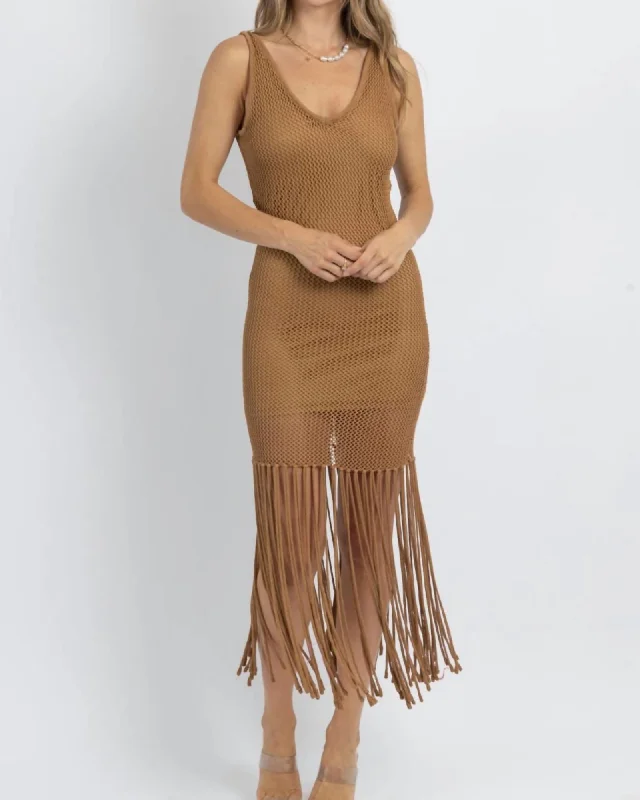 On The Rocks Fringed Dress In Camel | Camel