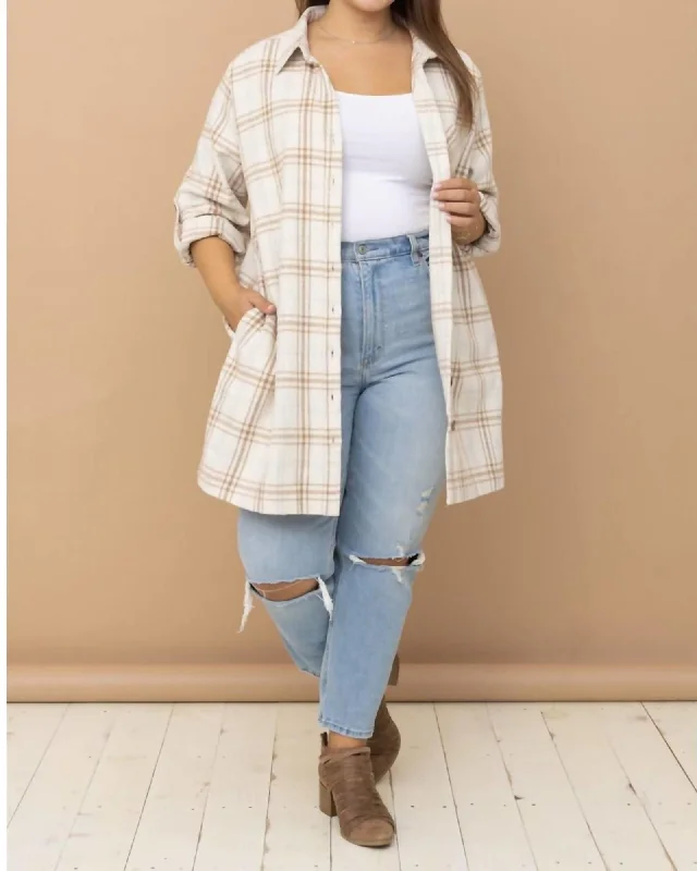 Plaid Button Up Shacket Dress In Ivory | Ivory