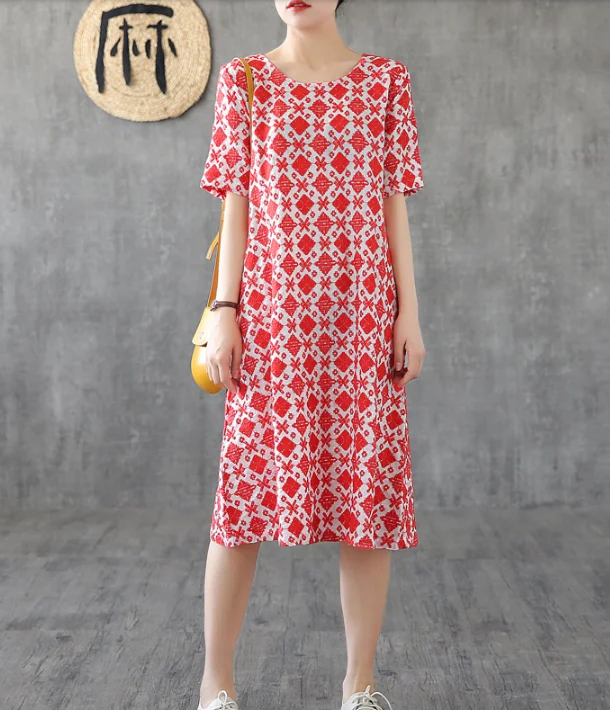 Red Floral Short Sleeve Summer Spring Cotton Linen Women Dresses DZA20671