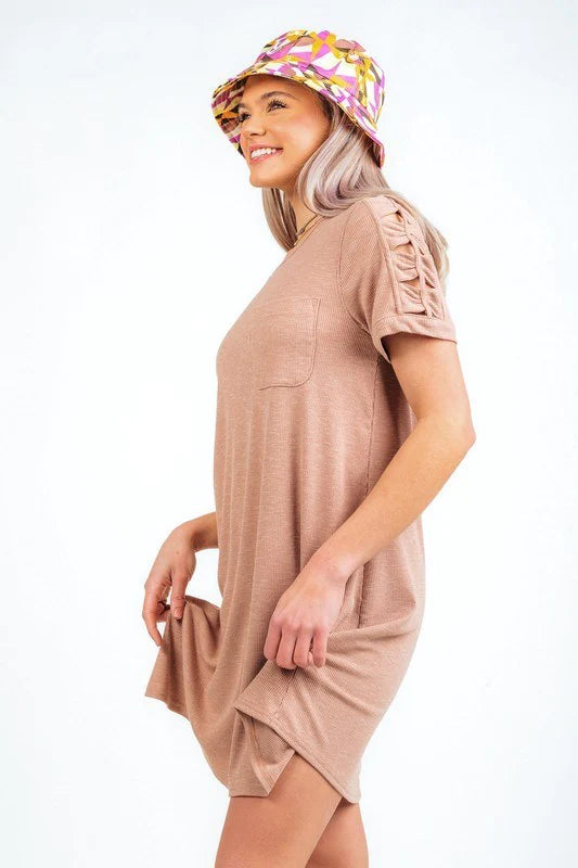 Ribbed Space Dye Lattice Sleeve Dress- Taupe