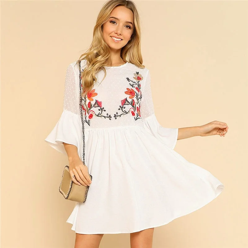 Ruffle Flower Embroidered Smock Dress