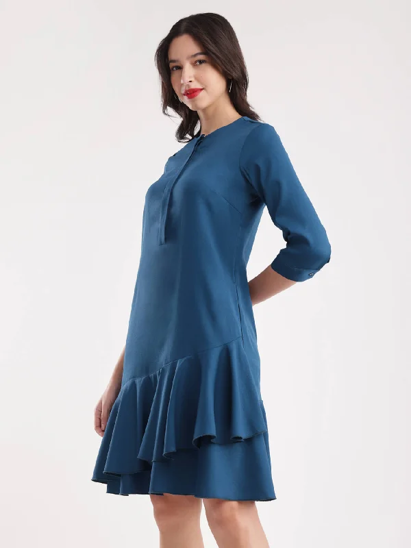 Ruffle Placket Detail Dress - Teal