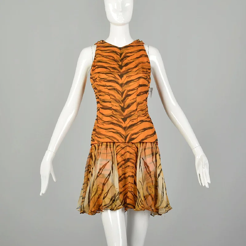 Small 1960s Tiger Stripe Outfit Silk Animal Print Two Piece Dress