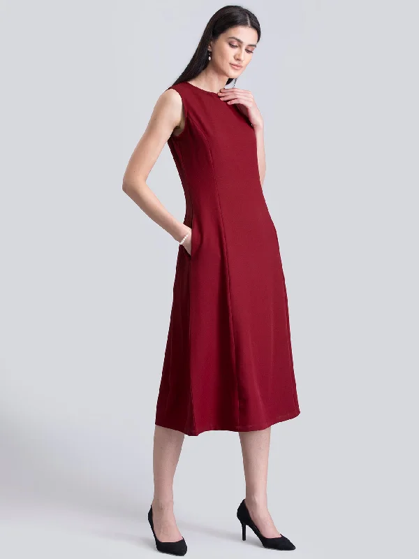 Stylised Neck A Line Dress - Red