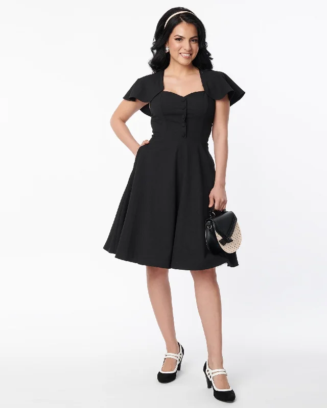 Unique Vintage Black Capelet Swing Dress | Black