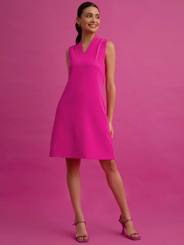 V-Neck A-Line Dress - Fuchsia