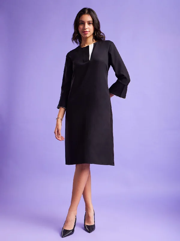 V Neck Shift Dress - Black