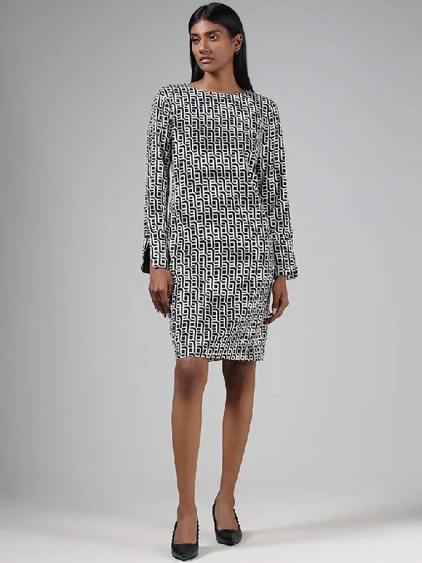 Wardrobe Black Abstract Printed A line Dress