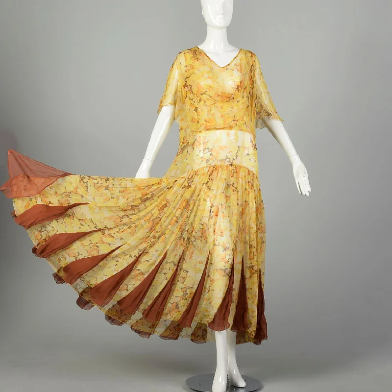 XL 1930s Sheer Silk Dress Floral Print Orange Yellow Volup Flowy Elegant Gown