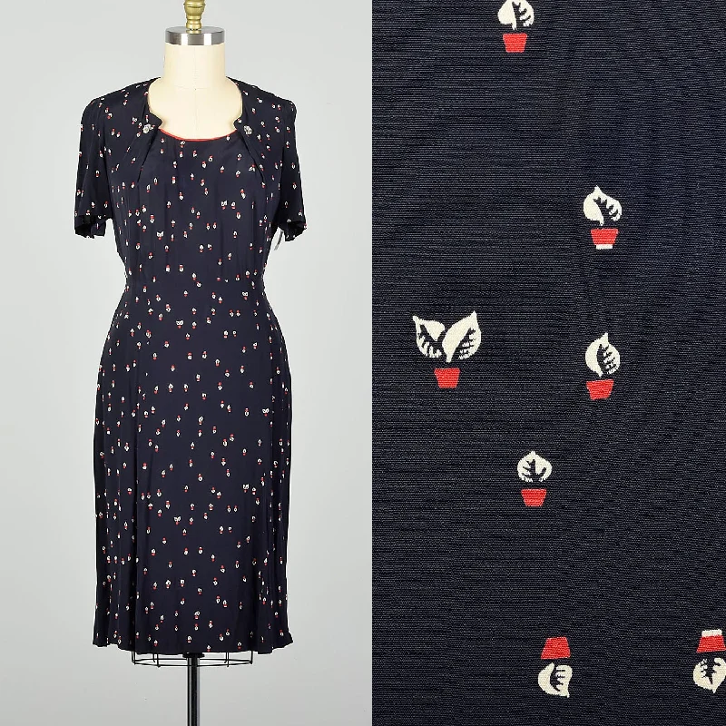 XL 1950s Dress Novelty Flower Print Navy Casual Summer Dress