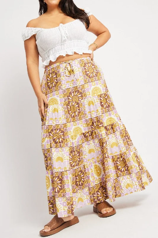 Beige Abstract Tiered Maxi Skirt