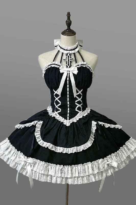 Black Cross Halterneck Ruffle Bowknot Lace Lace-Up Princess Gothic Lolita Dress