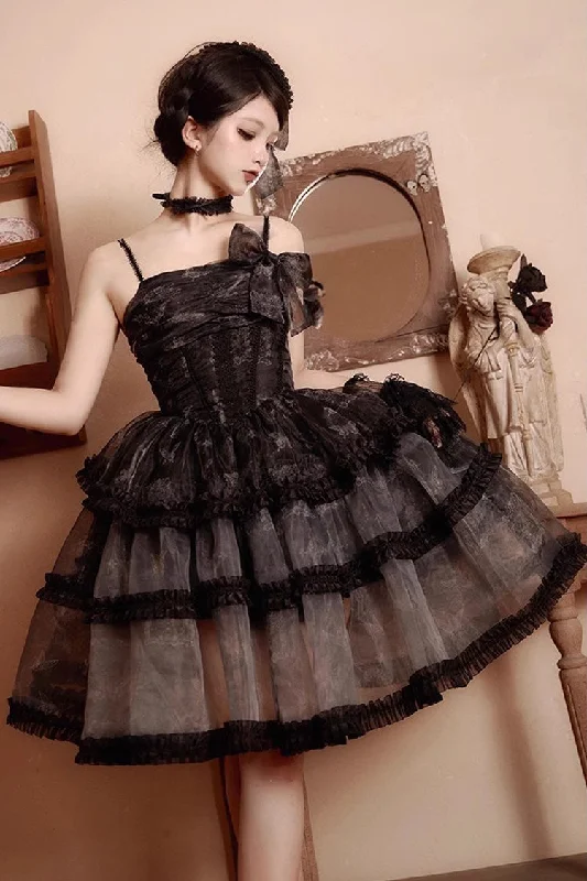 Black Multi-layer Butterfly Print Bowknot Lace Fish Bone Gothic Lolita Jsk Dress