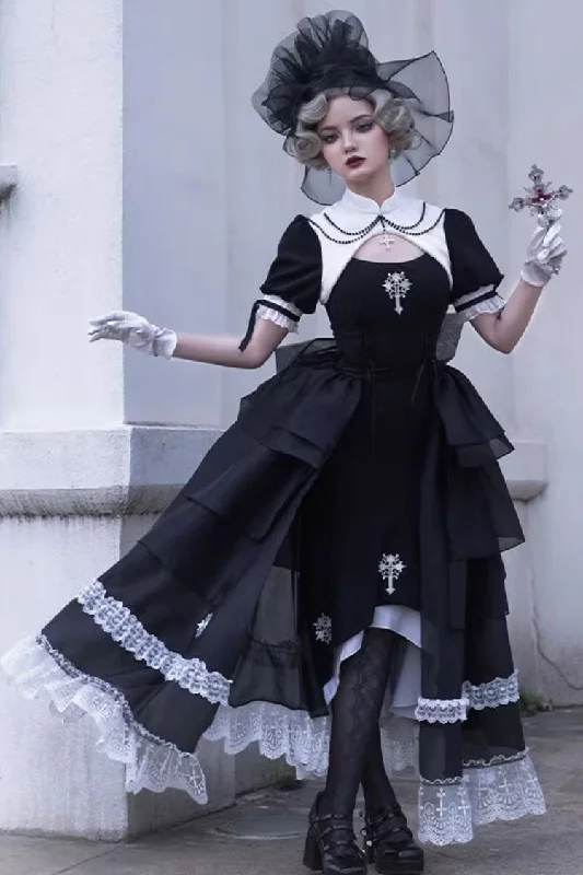 Black Nun Style Prayer for the Dead Stitching Lace Sheer Gothic Lolita Dress Two-piece Set