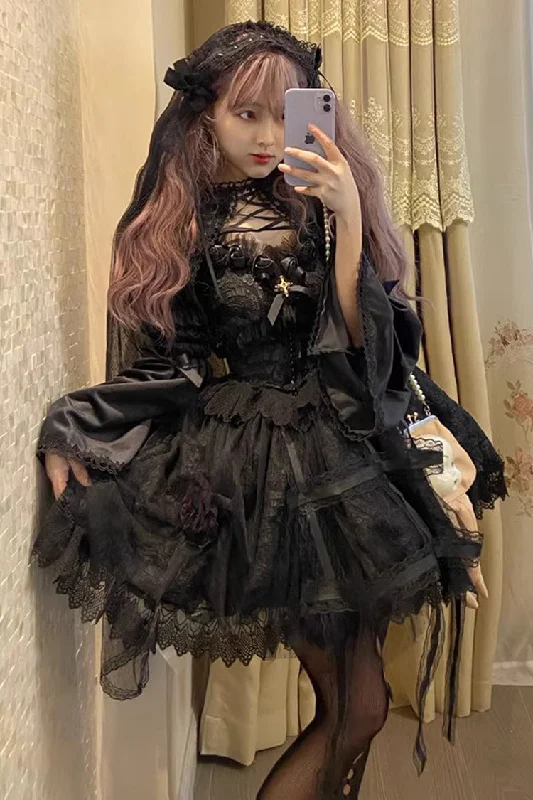 Black [Rose Cage] Ruffle Bowknot Lace Mesh Gothic Elegant Lolita Jsk Dress