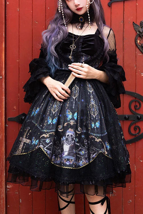 Black Square Collar Cemetery Butterfly Skull Print Lace Lantern Sleeves Multi-Layer Ruffled Gothic Lolita OP Dress