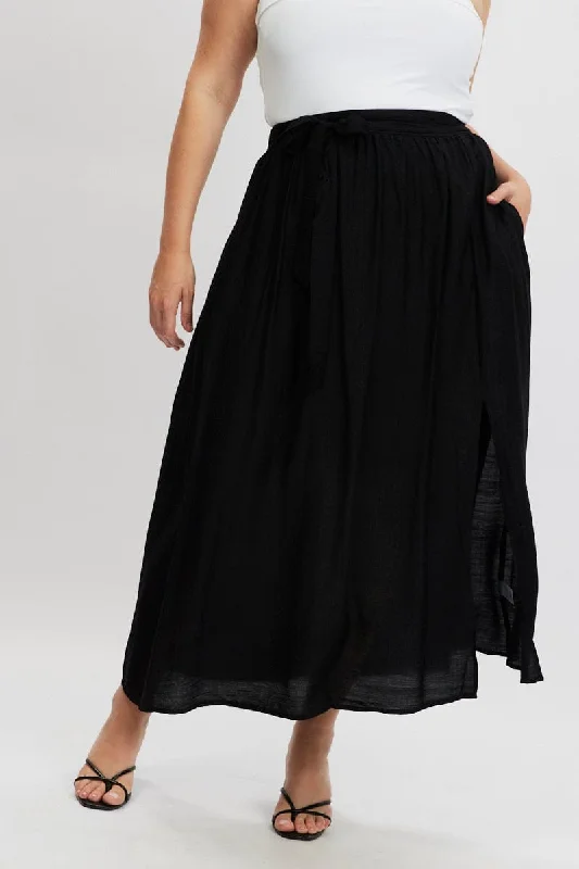 Black Tie Waist Split Side Maxi Skirt