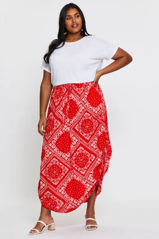 Boho Print Maxi Rushed Skirt Waist Tie