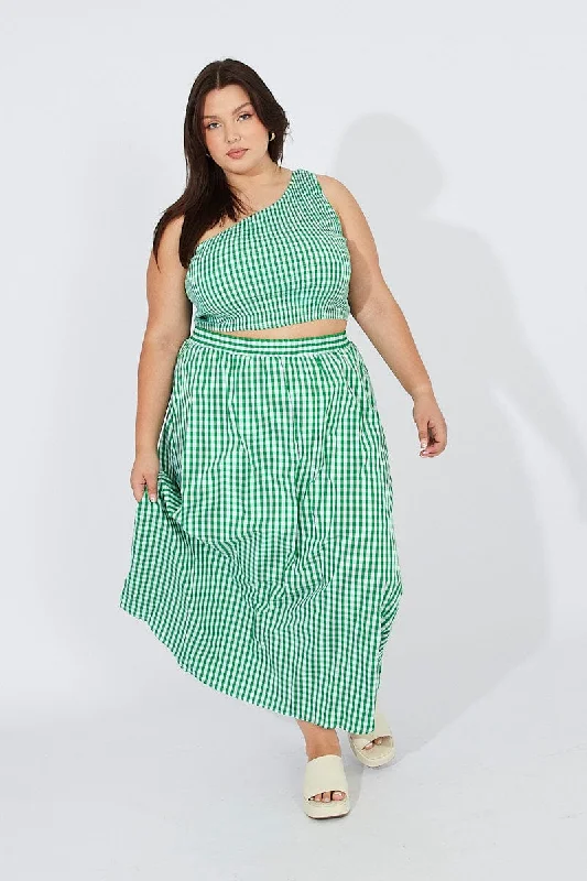 Green Check Maxi Skirt Elastic Waist Side Pockets