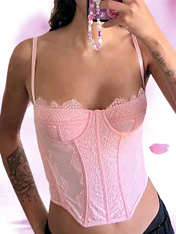 Isabella's Embroidered Lace Fishbone Spaghetti Strap Transparent Backless Tube Top