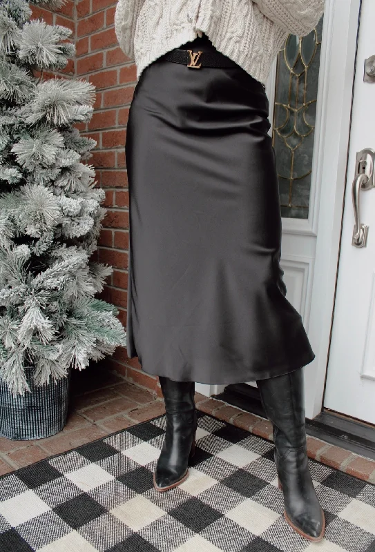 Lexington Avenue Long Satin Skirt in Black