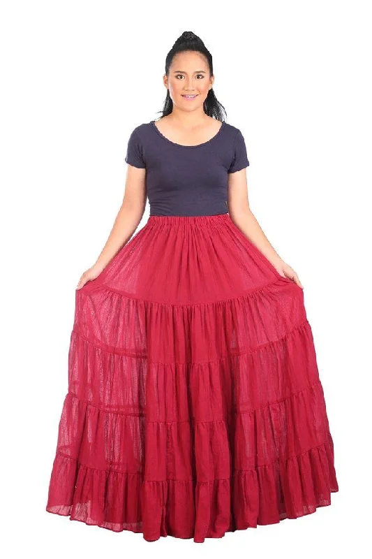 Burgundy Long Cotton Ruffle Maxi Skirt