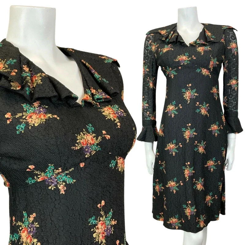 VINTAGE 60s 70s BLACK GREEN LILAC BOUQUET FLORAL LACE RUFFLE SHORT DRESS 8