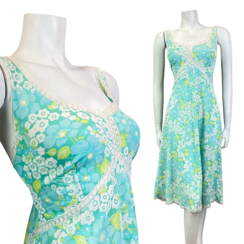 VINTAGE 60s 70s BLUE GREEN WHITE DAISY FLOWER LACE SUMMER NIGHT SLIP DRESS 14 16