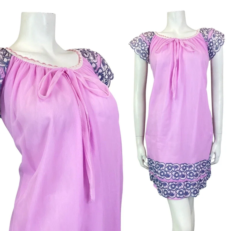 VINTAGE 60s 70s LILAC BLUE PINK FLORAL LACE MOD BABYDOLL NIGHT GOWN DRESS 12 14