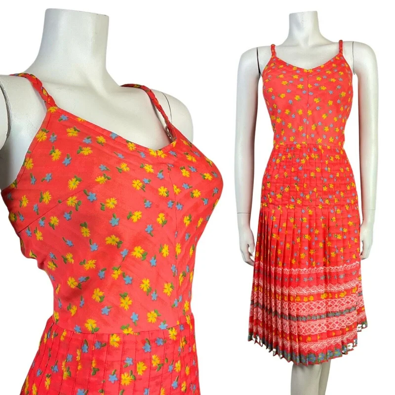 VINTAGE 60s 70s ORANGE YELLOW GREEN DAISY FLOWER LACE PLEATED SUN DRESS 16