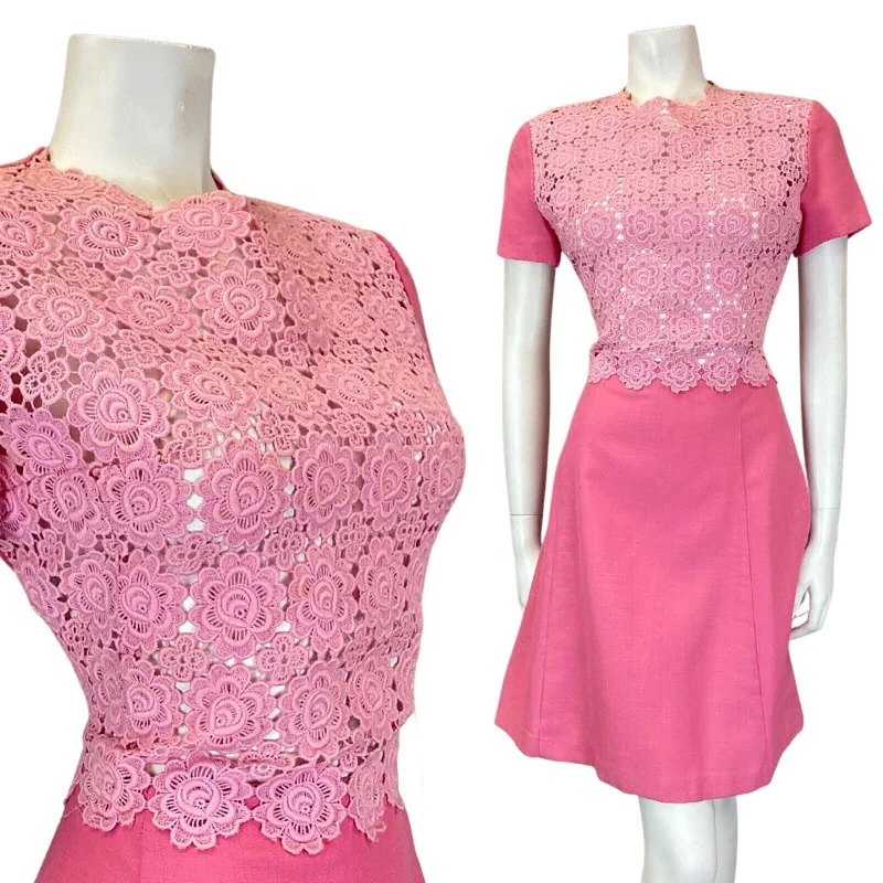 VINTAGE 60s 70s ROSE PINK EMBROIDERED FLORAL LACE SHORT-SLEEVE DRESS 10 12