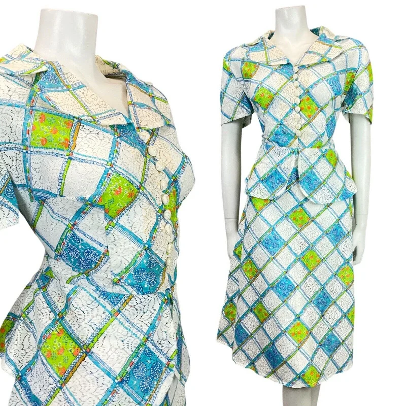 VINTAGE 60s 70s WHITE BLUE GREEN CHECKED FLORAL PELUM LACE DRESS 16